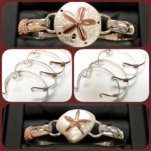 A sand dollar clasp and seashell clasp on a convertible LeStage silver and rose gold braceet