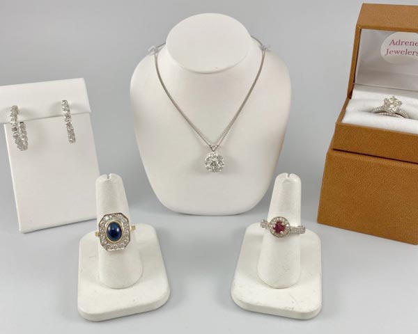 Heirloom rings, necklaces and earrings on display